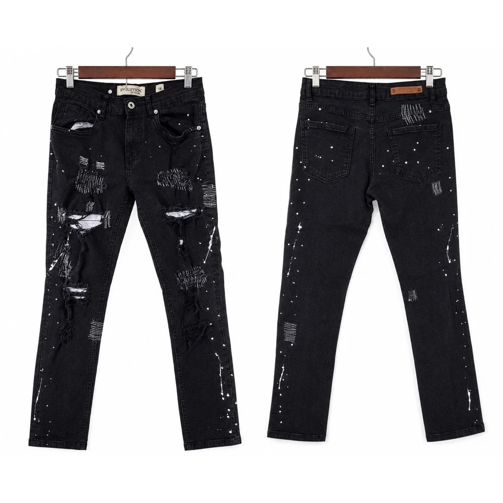 Evolution In Design Distressed Jeans Boys 18 Black Excellent Paint Splatter Edgy